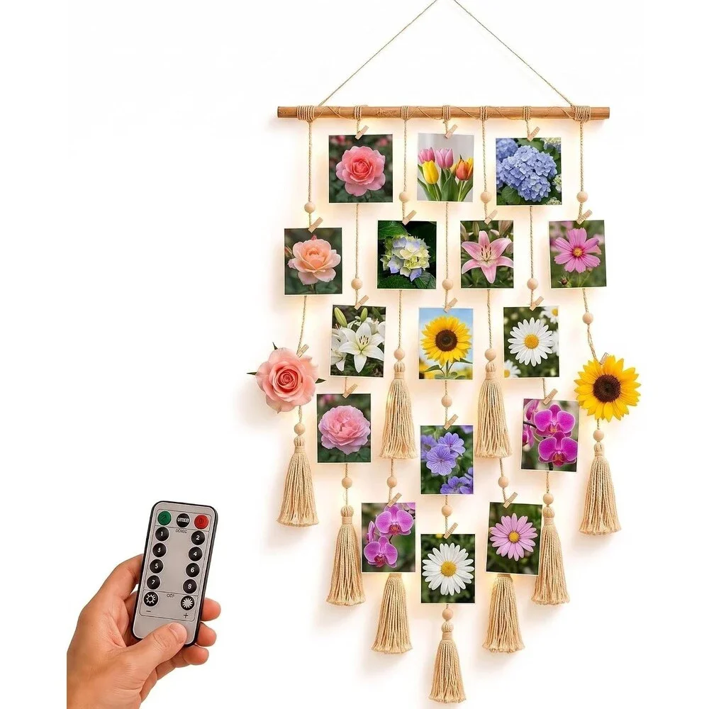 Boho Macrame Wall Hanging Photo Display Holder Picture Organizer Bedroom Decor
